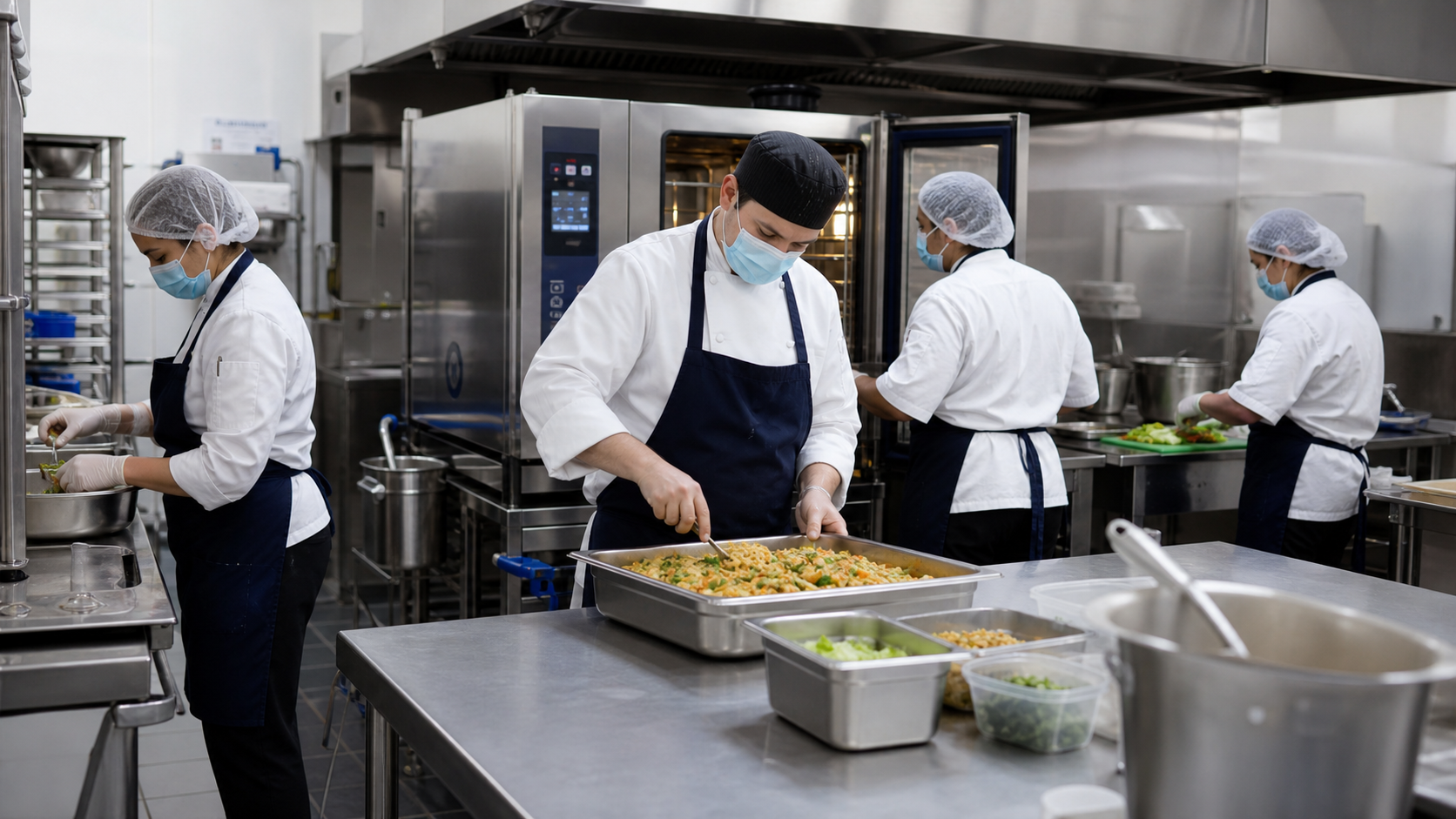 Equipo trabajando en una cocina institucional